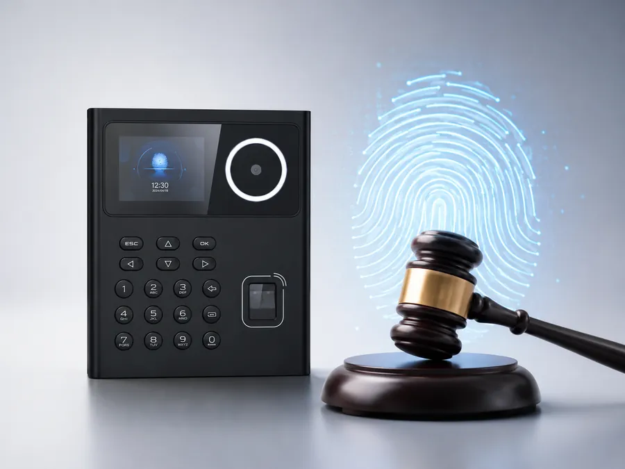 Terminal de reloj checador biométrico junto a una huella digital holográfica y un mazo de juez, simbolizando la evidencia biométrica como prueba legal
