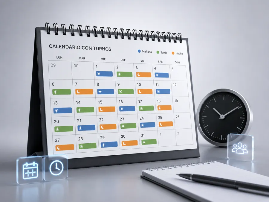 Calendario de escritorio con turnos de trabajo asignados por colores junto a un reloj, representando plantillas de horarios legales